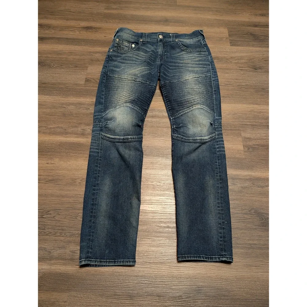 True Religion Moto Section Slim Biker Jeans Blue Denim Ribbed Knee Mens 34